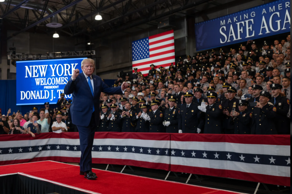 President Donald Trump Addresses Safety At David S. Mack Center for Training and Intelligence in Garden City on August 14